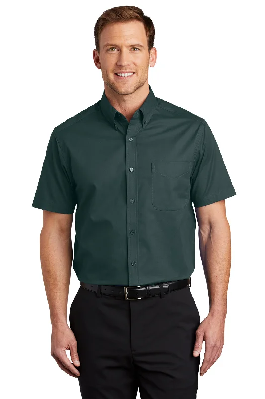 Port Authority Mens Easy Care Wrinkle Resistant Short Sleeve Button Down Shirt w/ Pocket - Dark Green