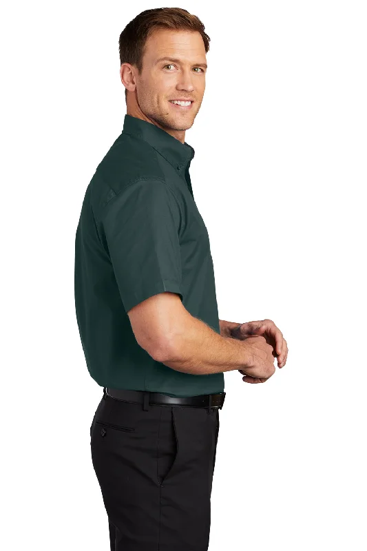 Port Authority Mens Easy Care Wrinkle Resistant Short Sleeve Button Down Shirt w/ Pocket - Dark Green