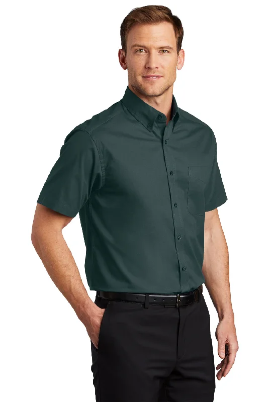 Port Authority Mens Easy Care Wrinkle Resistant Short Sleeve Button Down Shirt w/ Pocket - Dark Green