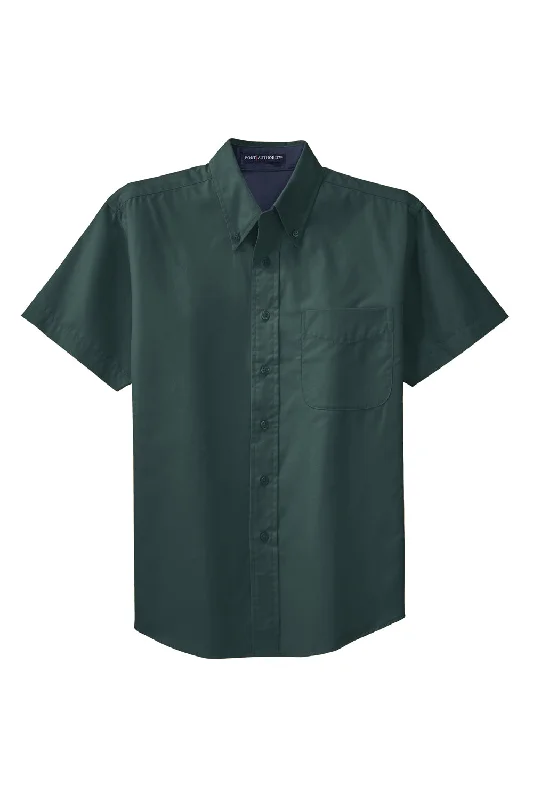 Port Authority Mens Easy Care Wrinkle Resistant Short Sleeve Button Down Shirt w/ Pocket - Dark Green