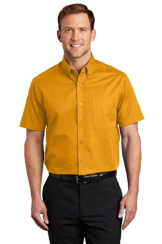 Port Authority Mens Easy Care Wrinkle Resistant Short Sleeve Button Down Shirt w/ Pocket - Athletic Gold - Closeout