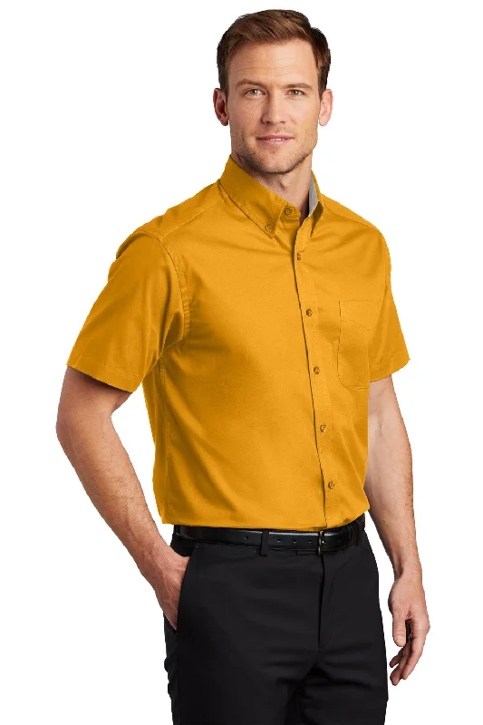 Port Authority Mens Easy Care Wrinkle Resistant Short Sleeve Button Down Shirt w/ Pocket - Athletic Gold - Closeout