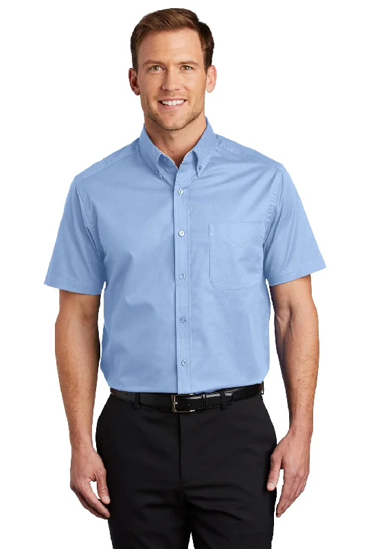 Port Authority Mens Easy Care Wrinkle Resistant Short Sleeve Button Down Shirt w/ Pocket - Light Blue