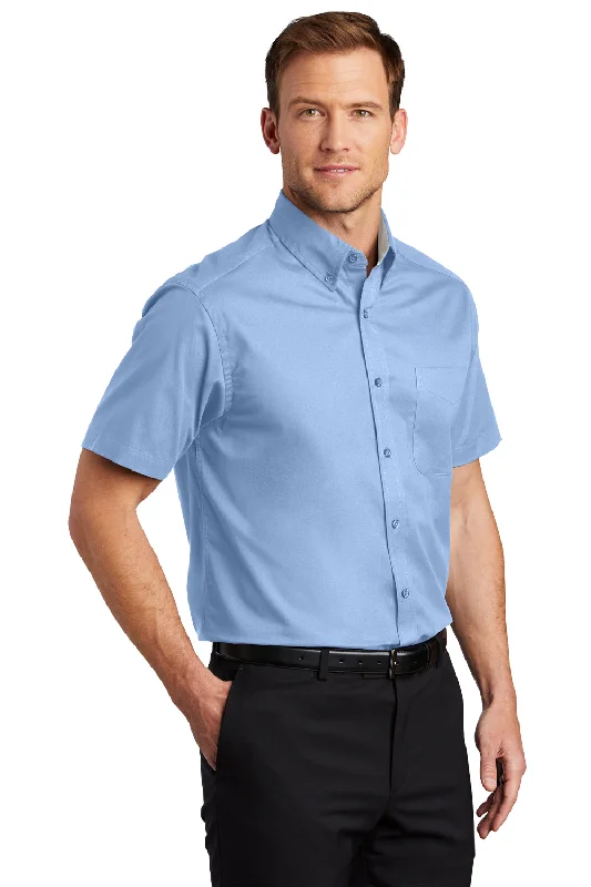 Port Authority Mens Easy Care Wrinkle Resistant Short Sleeve Button Down Shirt w/ Pocket - Light Blue