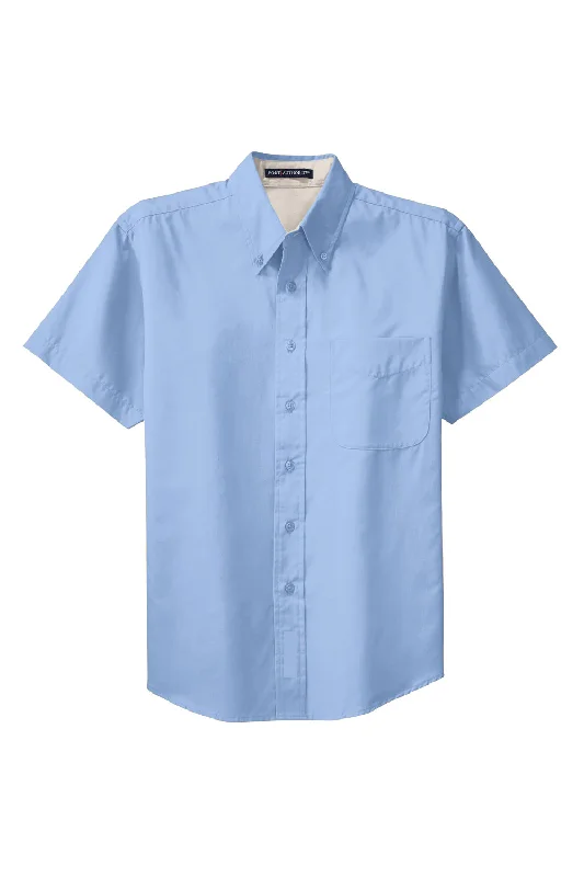 Port Authority Mens Easy Care Wrinkle Resistant Short Sleeve Button Down Shirt w/ Pocket - Light Blue