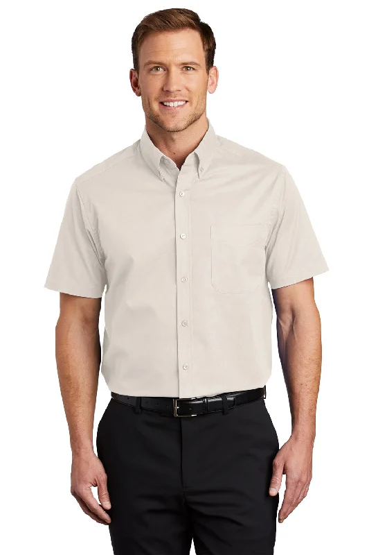 Port Authority Mens Easy Care Wrinkle Resistant Short Sleeve Button Down Shirt w/ Pocket - Light Stone - Closeout