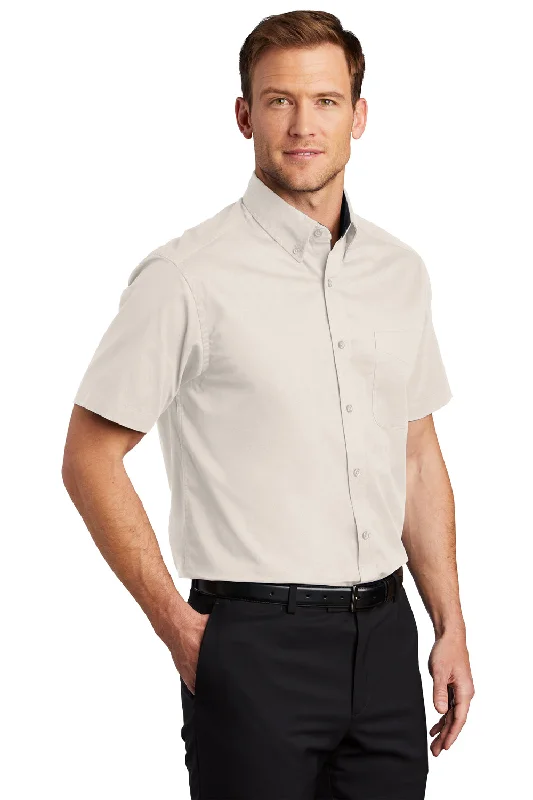 Port Authority Mens Easy Care Wrinkle Resistant Short Sleeve Button Down Shirt w/ Pocket - Light Stone - Closeout