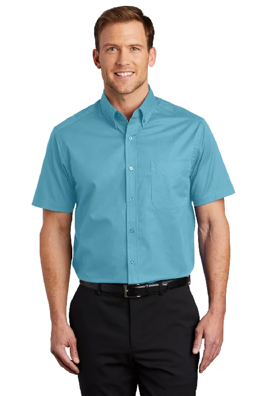 Port Authority Mens Easy Care Wrinkle Resistant Short Sleeve Button Down Shirt w/ Pocket - Maui Blue - Closeout