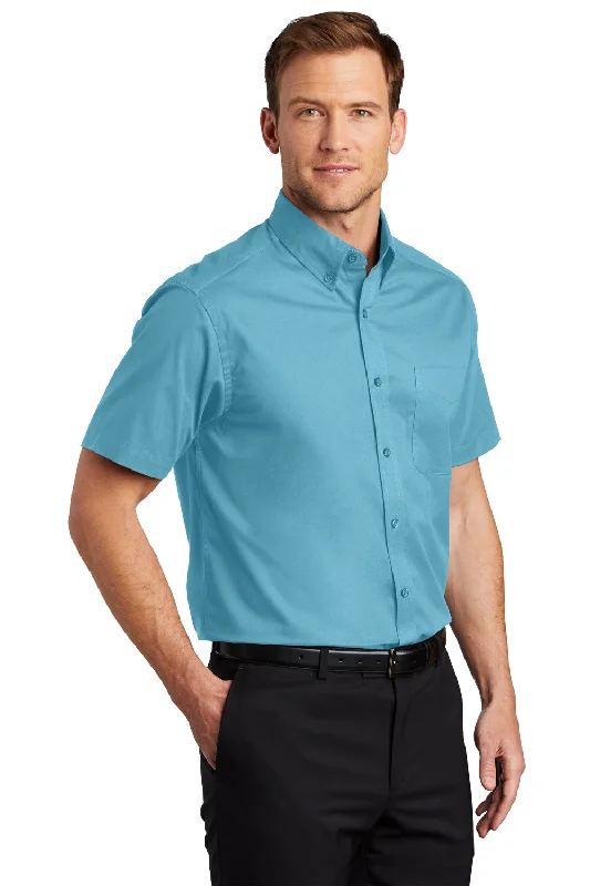 Port Authority Mens Easy Care Wrinkle Resistant Short Sleeve Button Down Shirt w/ Pocket - Maui Blue - Closeout