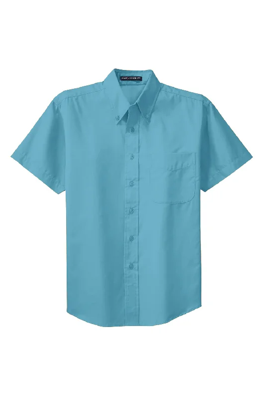 Port Authority Mens Easy Care Wrinkle Resistant Short Sleeve Button Down Shirt w/ Pocket - Maui Blue - Closeout