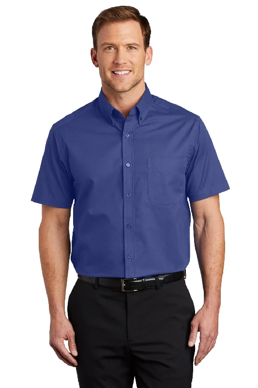 Port Authority Mens Easy Care Wrinkle Resistant Short Sleeve Button Down Shirt w/ Pocket - Mediterranean Blue