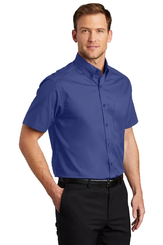 Port Authority Mens Easy Care Wrinkle Resistant Short Sleeve Button Down Shirt w/ Pocket - Mediterranean Blue