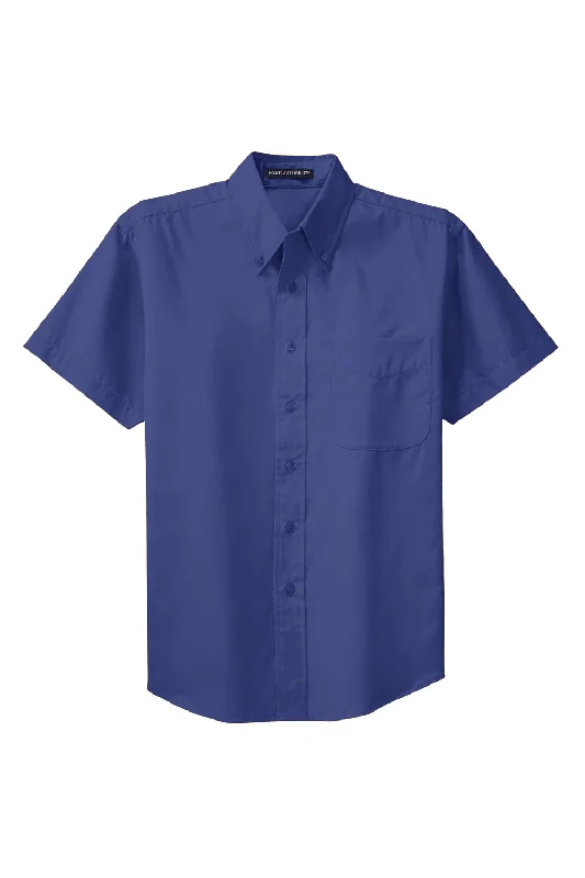 Port Authority Mens Easy Care Wrinkle Resistant Short Sleeve Button Down Shirt w/ Pocket - Mediterranean Blue