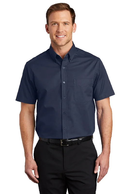 Port Authority Mens Easy Care Wrinkle Resistant Short Sleeve Button Down Shirt w/ Pocket - Navy Blue