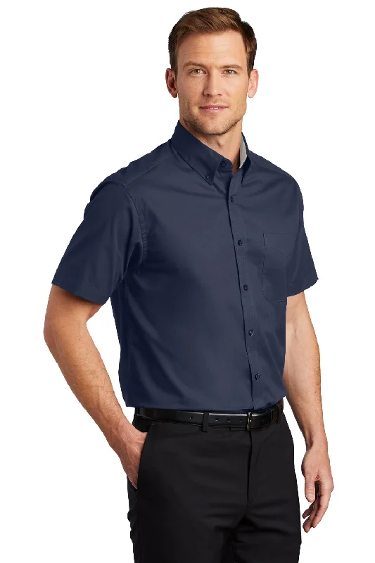 Port Authority Mens Easy Care Wrinkle Resistant Short Sleeve Button Down Shirt w/ Pocket - Navy Blue