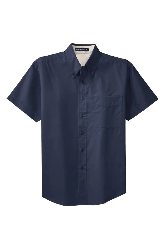 Port Authority Mens Easy Care Wrinkle Resistant Short Sleeve Button Down Shirt w/ Pocket - Navy Blue