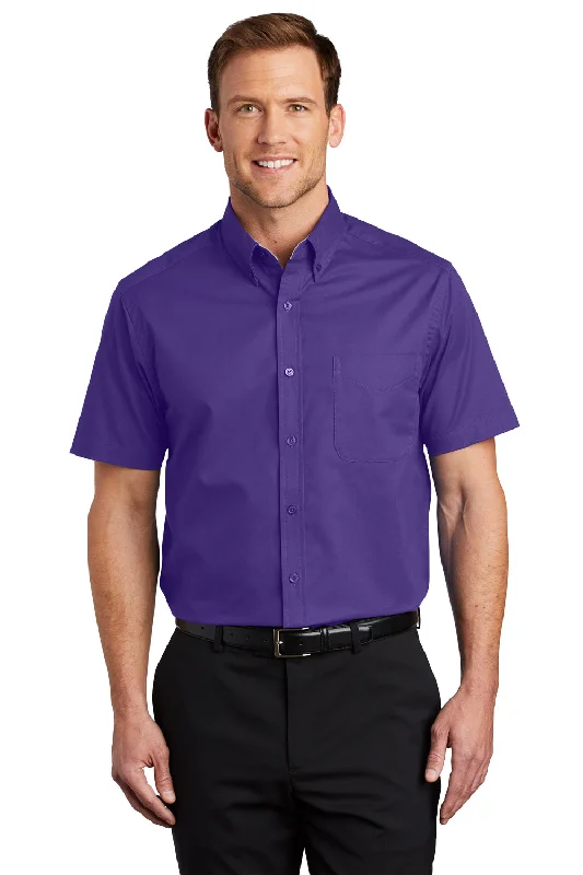 Port Authority Mens Easy Care Wrinkle Resistant Short Sleeve Button Down Shirt w/ Pocket - Purple