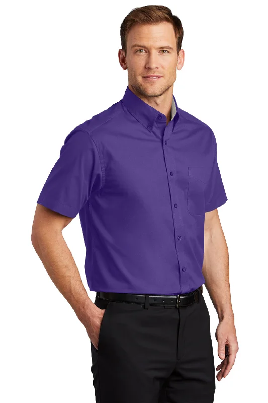 Port Authority Mens Easy Care Wrinkle Resistant Short Sleeve Button Down Shirt w/ Pocket - Purple