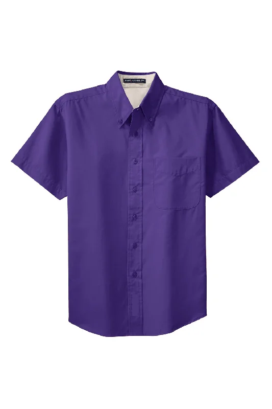 Port Authority Mens Easy Care Wrinkle Resistant Short Sleeve Button Down Shirt w/ Pocket - Purple