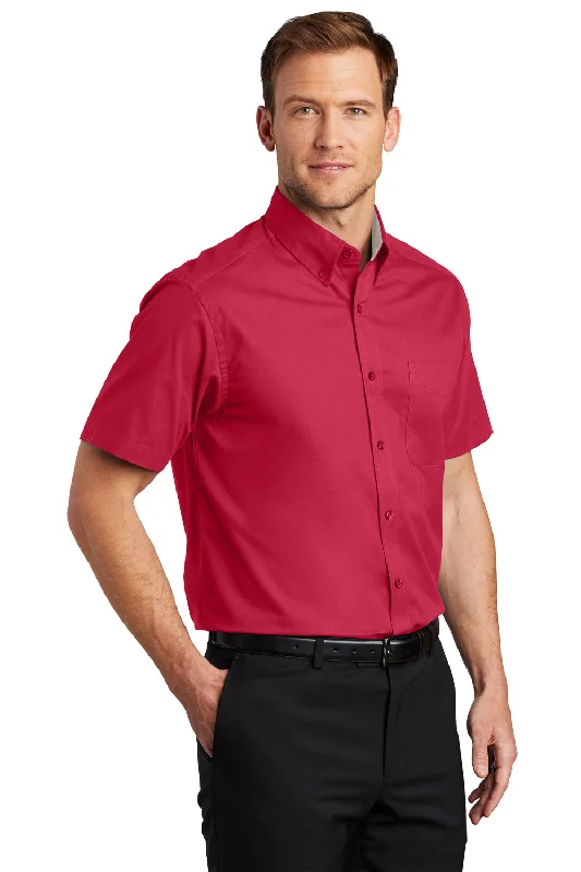 Port Authority Mens Easy Care Wrinkle Resistant Short Sleeve Button Down Shirt w/ Pocket - Red