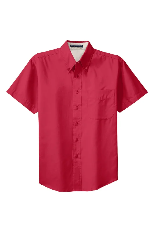 Port Authority Mens Easy Care Wrinkle Resistant Short Sleeve Button Down Shirt w/ Pocket - Red