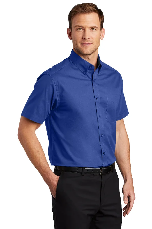 Port Authority Mens Easy Care Wrinkle Resistant Short Sleeve Button Down Shirt w/ Pocket - Royal Blue