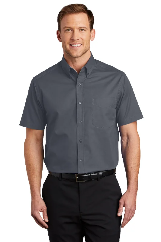 Port Authority Mens Easy Care Wrinkle Resistant Short Sleeve Button Down Shirt w/ Pocket - Steel Grey