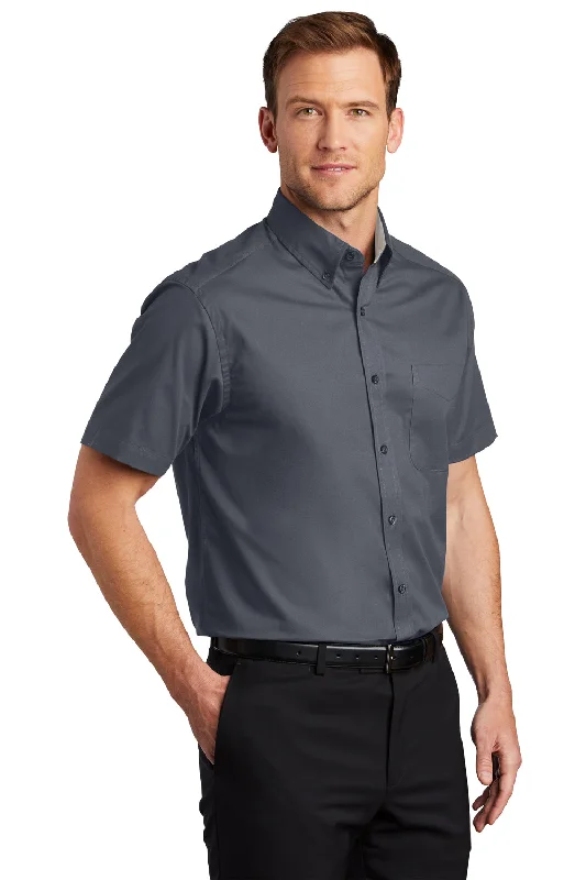 Port Authority Mens Easy Care Wrinkle Resistant Short Sleeve Button Down Shirt w/ Pocket - Steel Grey