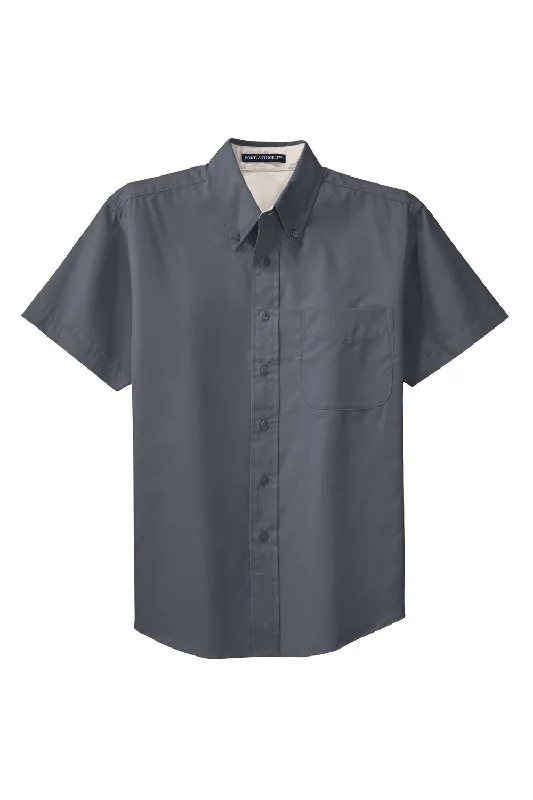 Port Authority Mens Easy Care Wrinkle Resistant Short Sleeve Button Down Shirt w/ Pocket - Steel Grey