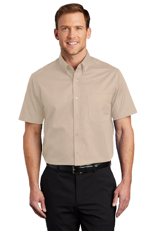 Port Authority Mens Easy Care Wrinkle Resistant Short Sleeve Button Down Shirt w/ Pocket - Stone Brown