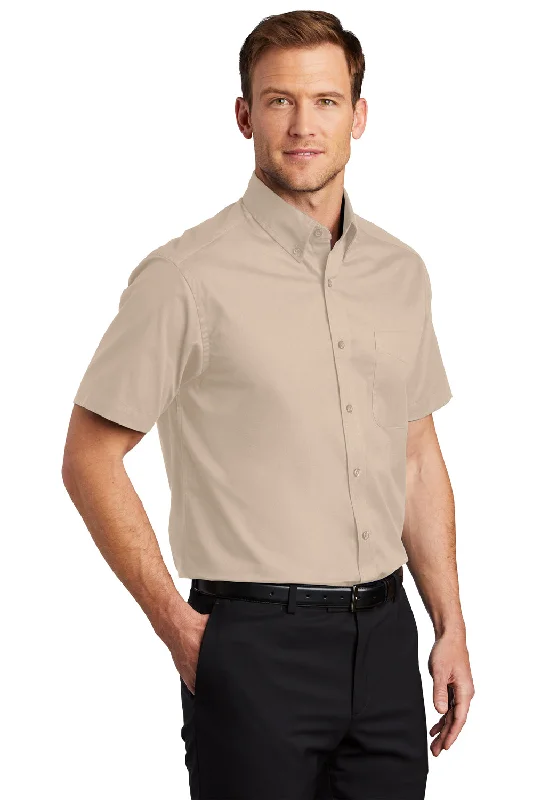 Port Authority Mens Easy Care Wrinkle Resistant Short Sleeve Button Down Shirt w/ Pocket - Stone Brown