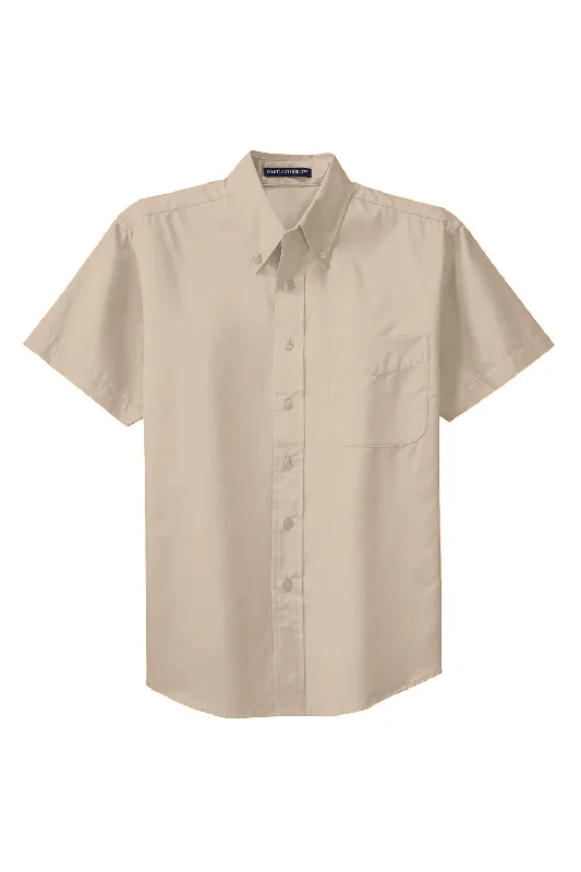 Port Authority Mens Easy Care Wrinkle Resistant Short Sleeve Button Down Shirt w/ Pocket - Stone Brown