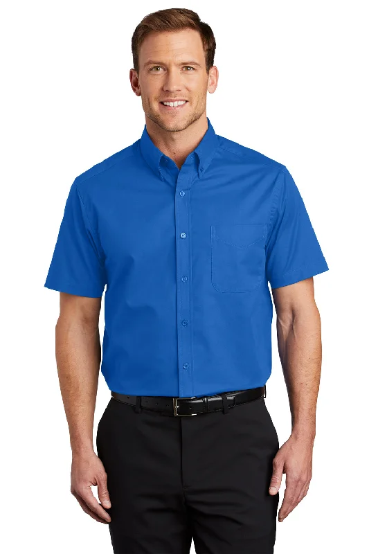 Port Authority Mens Easy Care Wrinkle Resistant Short Sleeve Button Down Shirt w/ Pocket - Strong Blue