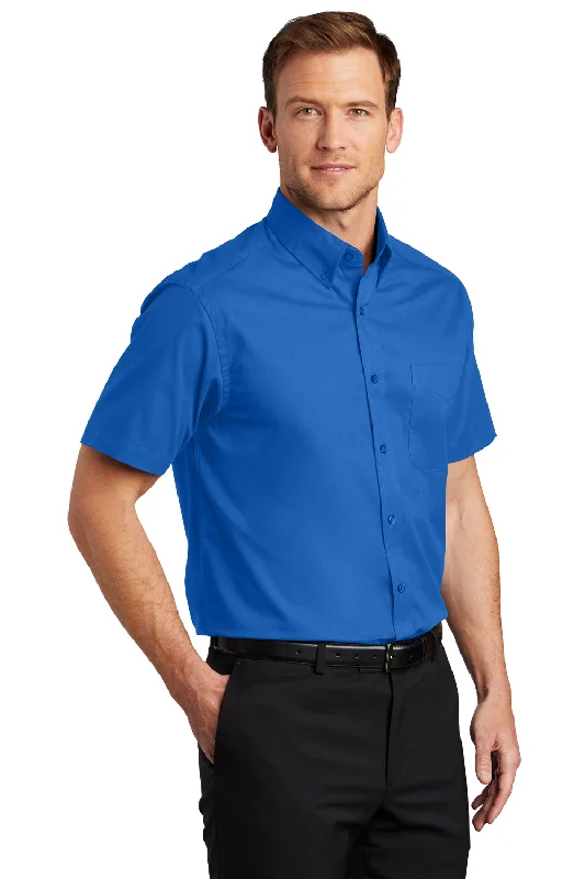 Port Authority Mens Easy Care Wrinkle Resistant Short Sleeve Button Down Shirt w/ Pocket - Strong Blue