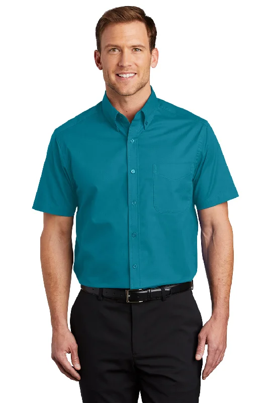 Port Authority Mens Easy Care Wrinkle Resistant Short Sleeve Button Down Shirt w/ Pocket - Teal Green