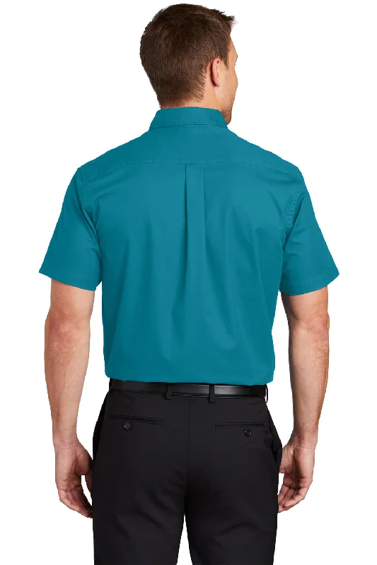 Port Authority Mens Easy Care Wrinkle Resistant Short Sleeve Button Down Shirt w/ Pocket - Teal Green