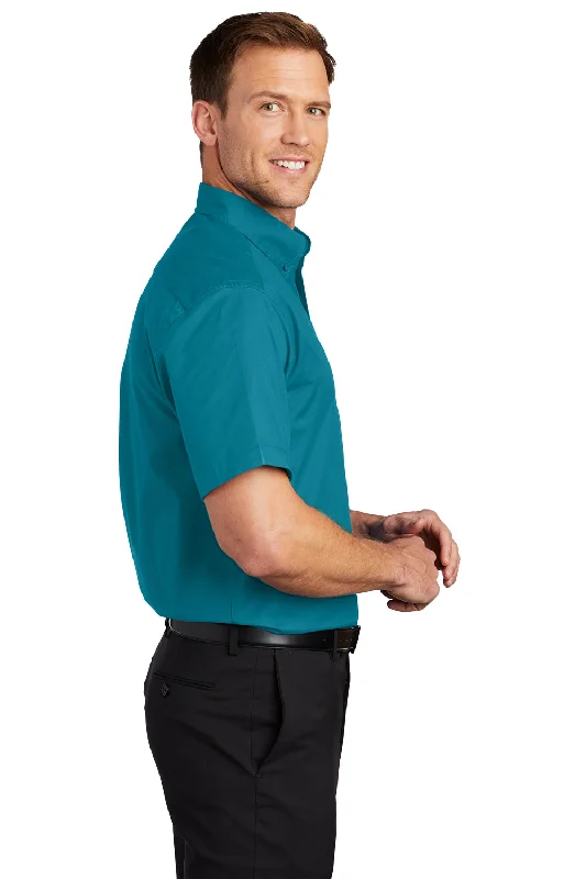 Port Authority Mens Easy Care Wrinkle Resistant Short Sleeve Button Down Shirt w/ Pocket - Teal Green