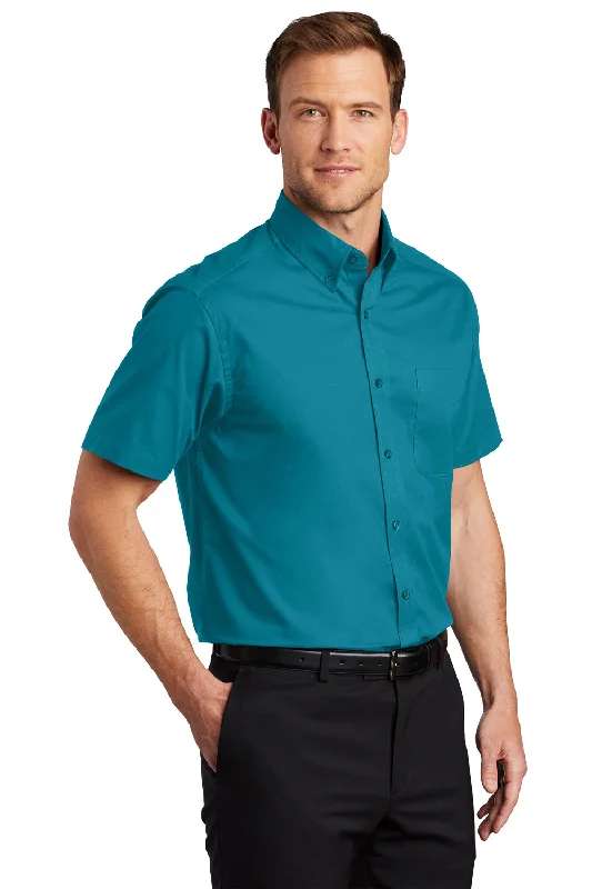 Port Authority Mens Easy Care Wrinkle Resistant Short Sleeve Button Down Shirt w/ Pocket - Teal Green