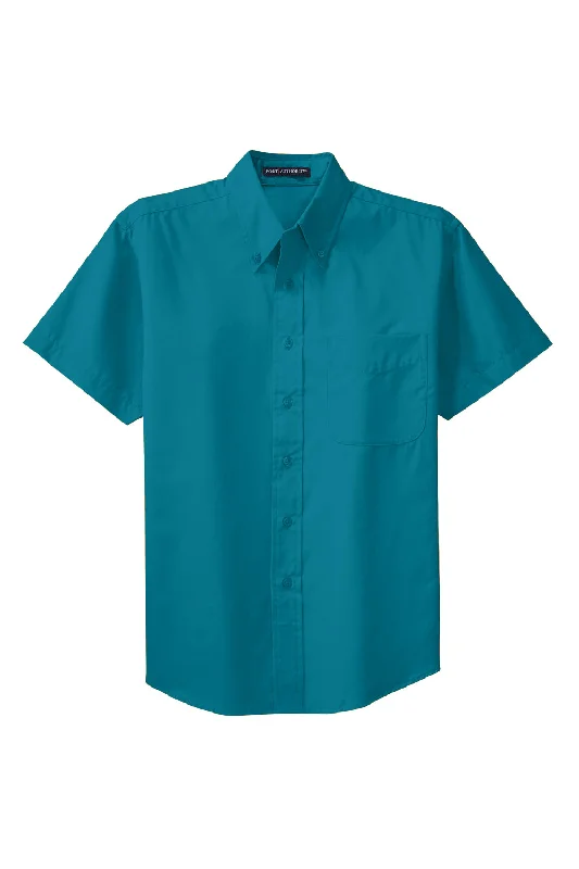 Port Authority Mens Easy Care Wrinkle Resistant Short Sleeve Button Down Shirt w/ Pocket - Teal Green