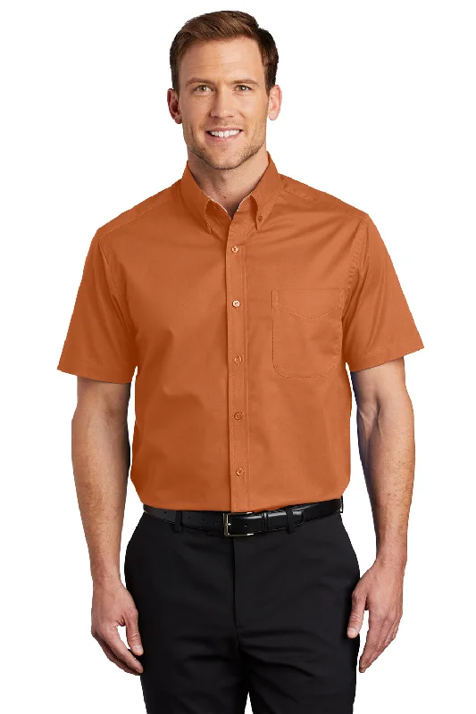 Port Authority Mens Easy Care Wrinkle Resistant Short Sleeve Button Down Shirt w/ Pocket - Texas Orange - Closeout