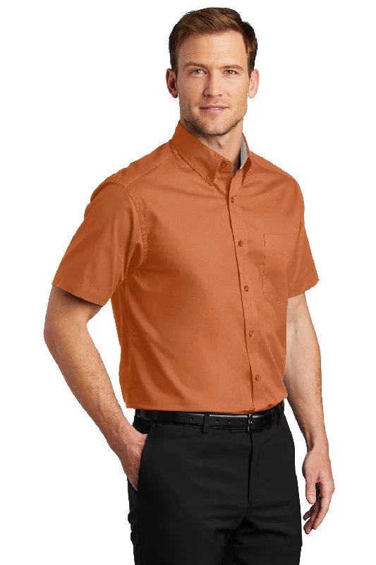 Port Authority Mens Easy Care Wrinkle Resistant Short Sleeve Button Down Shirt w/ Pocket - Texas Orange - Closeout