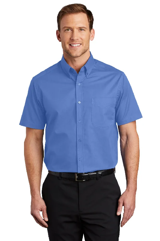 Port Authority Mens Easy Care Wrinkle Resistant Short Sleeve Button Down Shirt w/ Pocket - Ultramarine Blue