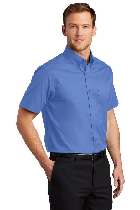 Port Authority Mens Easy Care Wrinkle Resistant Short Sleeve Button Down Shirt w/ Pocket - Ultramarine Blue