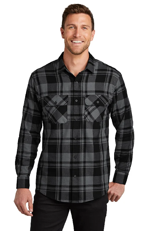 Port Authority Mens Flannel Long Sleeve Button Down Shirt w/ Double Pockets - Grey/Black