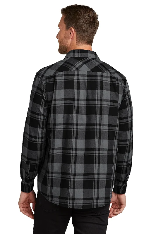 Port Authority Mens Flannel Long Sleeve Button Down Shirt w/ Double Pockets - Grey/Black