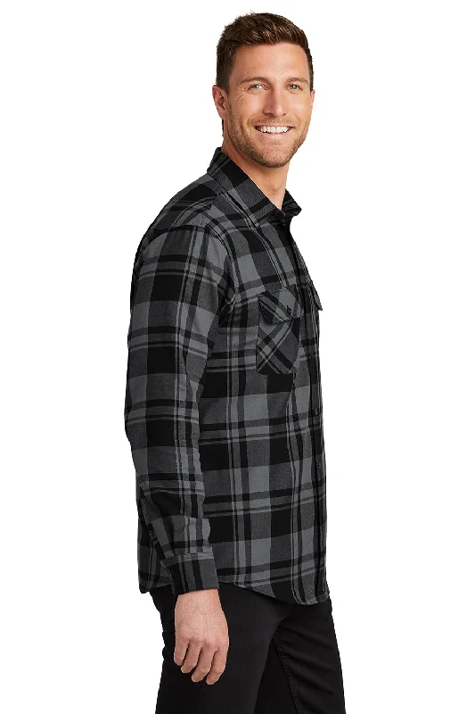 Port Authority Mens Flannel Long Sleeve Button Down Shirt w/ Double Pockets - Grey/Black