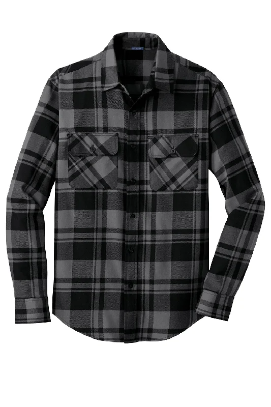 Port Authority Mens Flannel Long Sleeve Button Down Shirt w/ Double Pockets - Grey/Black