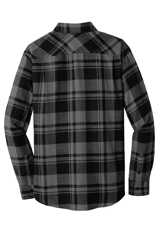 Port Authority Mens Flannel Long Sleeve Button Down Shirt w/ Double Pockets - Grey/Black