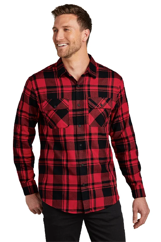 Port Authority Mens Flannel Long Sleeve Button Down Shirt w/ Double Pockets - Engine Red/Black