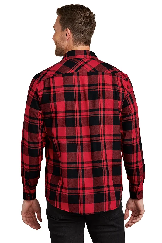 Port Authority Mens Flannel Long Sleeve Button Down Shirt w/ Double Pockets - Engine Red/Black